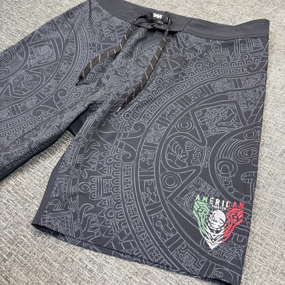 American Fighter Board Shorts Mens 36 Black Aztec Calendar Mexico MMA Swim Trunk